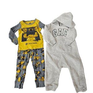 John Deere 2T Construction Pajamas & Baby Gap 6-12 Months Gray Hooded Romper Set